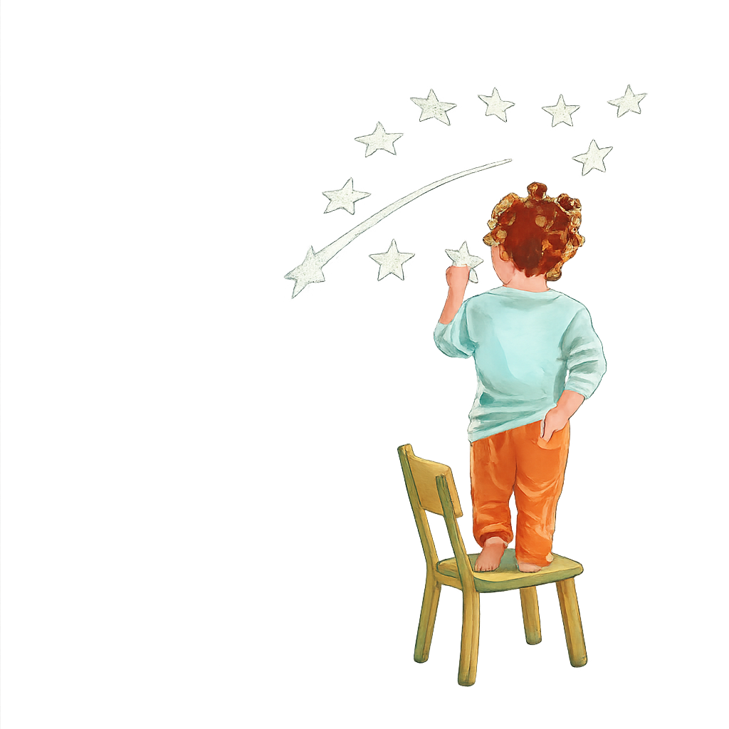 Il·lustració d’un infant enfilat a una cadira dibuixant estrelles, imatge del I Congrés de Menjadors Escolars